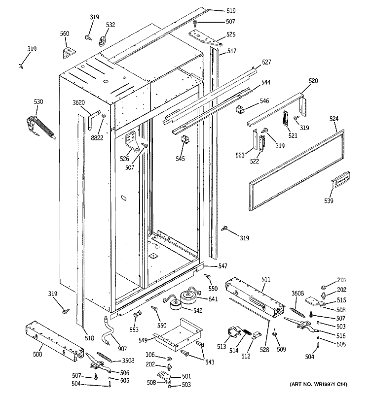 CASE PARTS Diagram and Parts List for ZISB360DRJ  General Electric Refrigerator