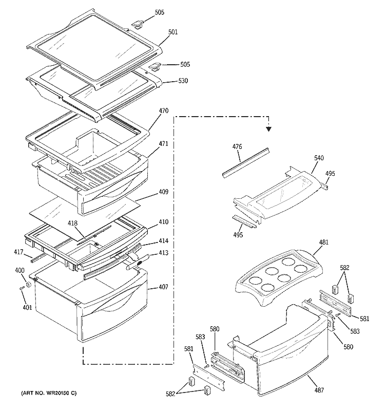 FRESH FOOD SHELVES Diagram and Parts List for PCF25NGWABB  General Electric Refrigerator