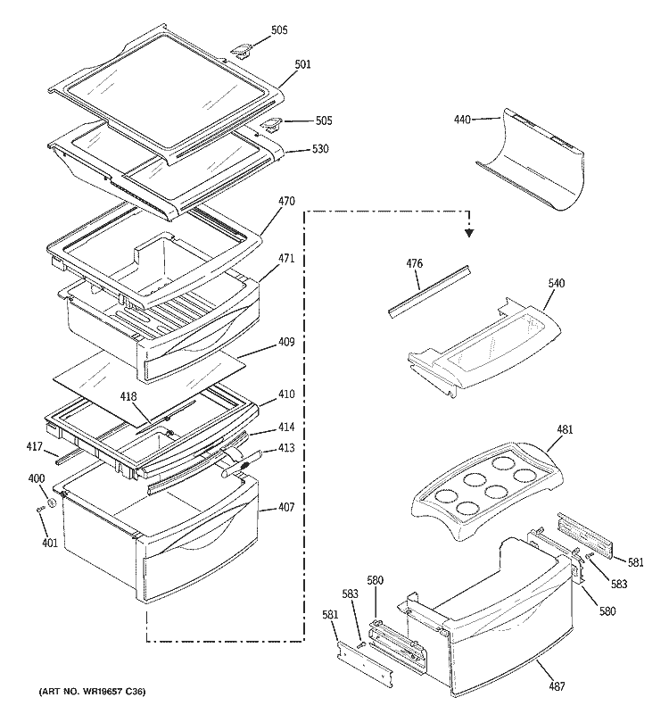 FRESH FOOD SHELVES Diagram and Parts List for ZFSB26DRHSS  General Electric Refrigerator