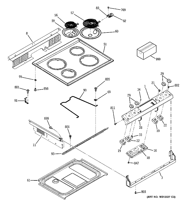 CONTROL PANEL & COOKTOP Diagram and Parts List for JSS28BK3BB  General Electric Range