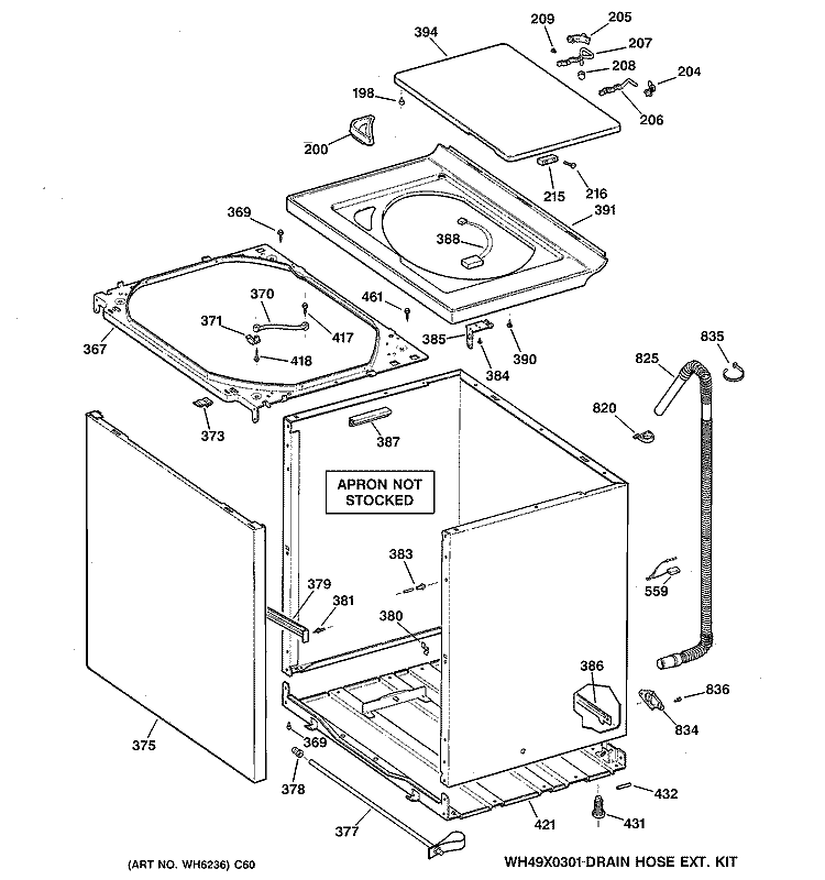 CABINET, COVER & FRONT PANEL Diagram and Parts List for WNSE5260D0WW  General Electric Washer
