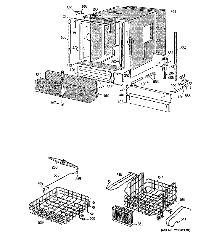 BASKET & WRAP ASSEMBLY Diagram and Parts List for ZBD7105G00SS  General Electric Dishwasher