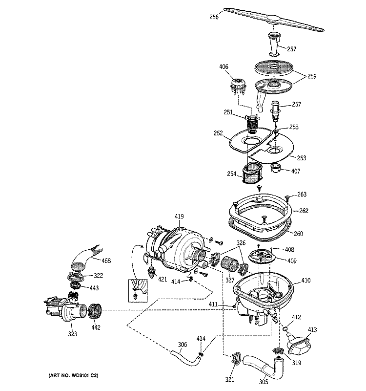 SUMP ASSEMBLY Diagram and Parts List for ZBD7105G01SS  General Electric Dishwasher