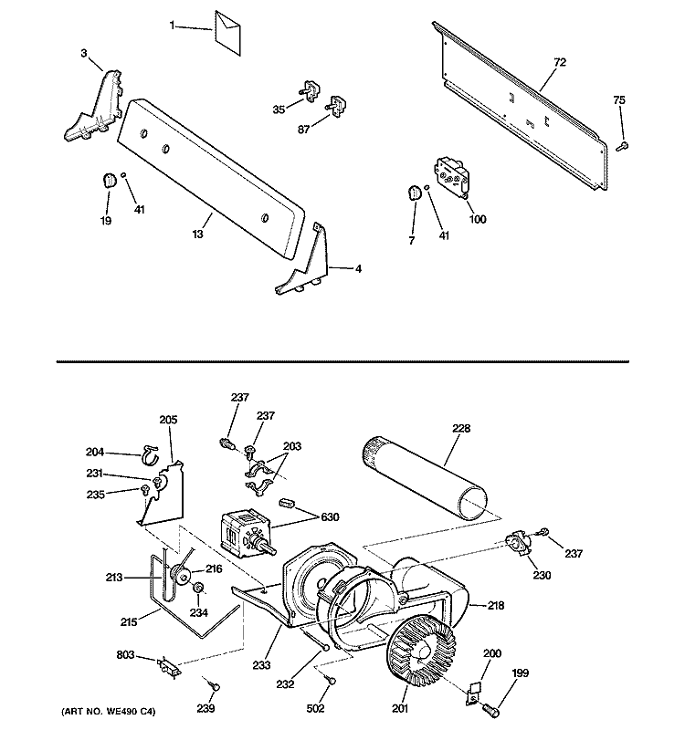 BACKSPLASH, BLOWER & MOTOR ASSEMBLY Diagram and Parts List for DBXR300GG0WS  General Electric Dryer