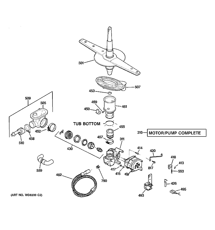 MOTOR - PUMP MECHANISM Diagram and Parts List for HDA3640N00SA  Hotpoint Dishwasher