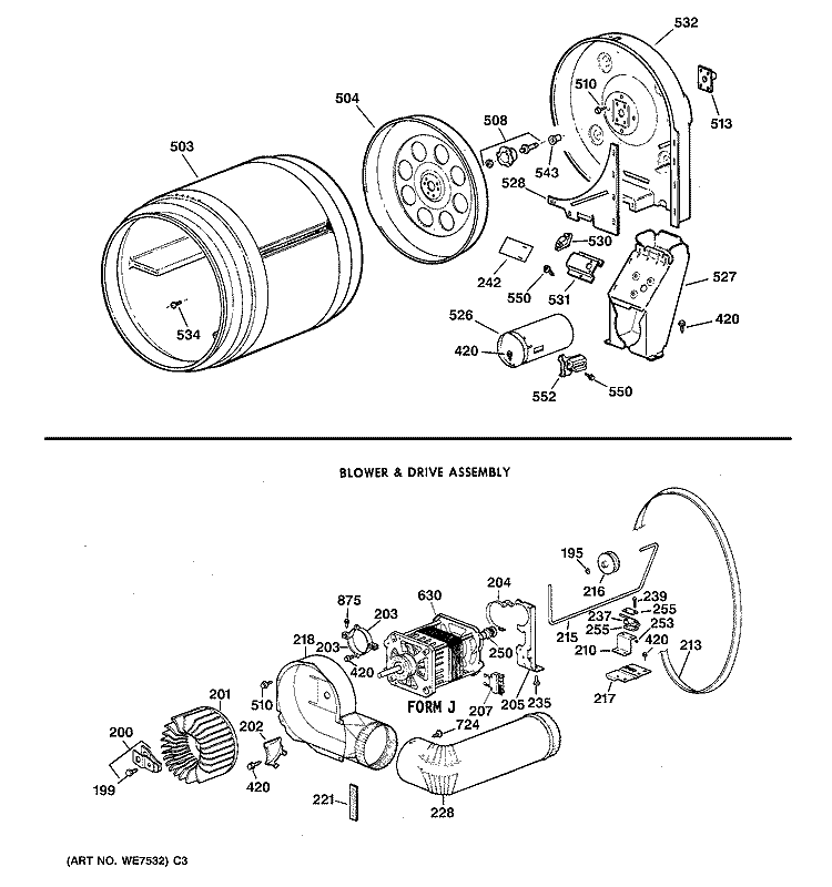 DRUM, BLOWER & DRIVE ASSEMBLY Diagram and Parts List for DLL3680SBLAD  Hotpoint Dryer
