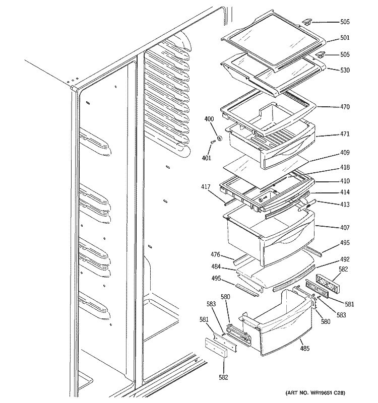 FRESH FOOD SHELVES Diagram and Parts List for PJG25MGTAFKB  General Electric Refrigerator