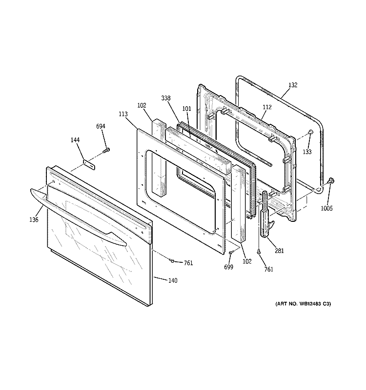 DOOR Diagram and Parts List for PT956WM1WW  General Electric Wall Oven
