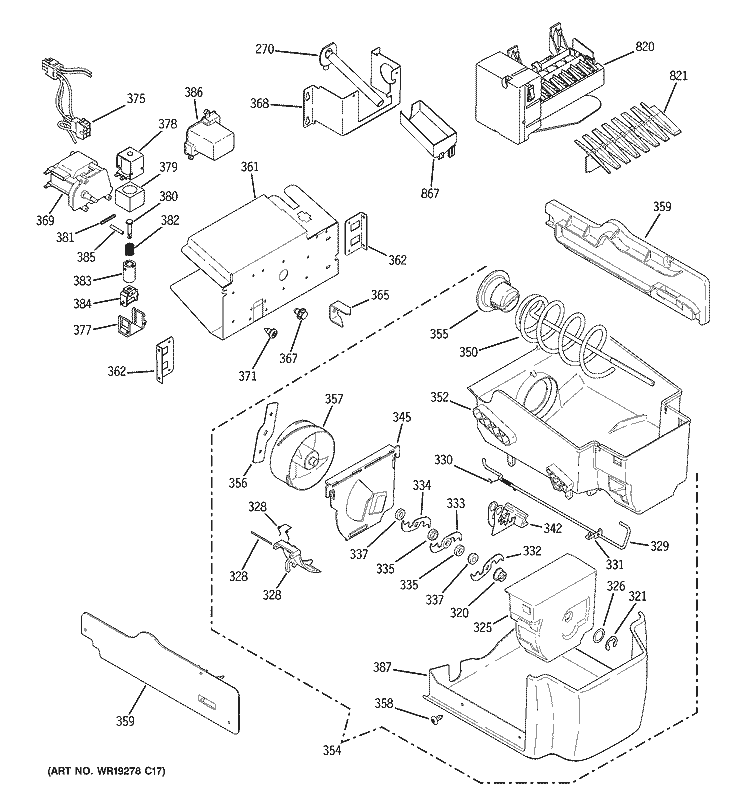 ICE MAKER & DISPENSER Diagram and Parts List for PJE25PGTAFKB  General Electric Refrigerator
