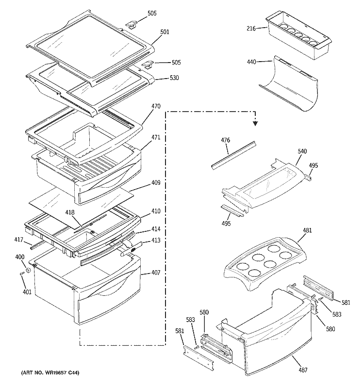 FRESH FOOD SHELVES Diagram and Parts List for PJE25PGTAFKB  General Electric Refrigerator
