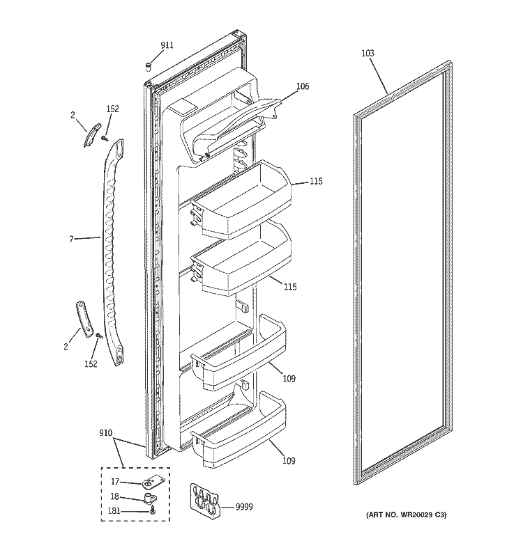 FRESH FOOD DOOR Diagram and Parts List for ESH25JFWAWW  General Electric Refrigerator