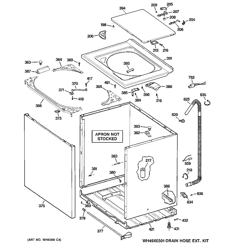 CABINET, COVER & FRONT PANEL Diagram and Parts List for WLDSR416F3WC  General Electric Washer