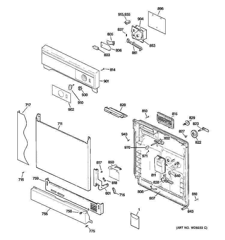 ESCUTCHEON & DOOR ASSEMBLY Diagram and Parts List for ADW1100N00BB  General Electric Dishwasher