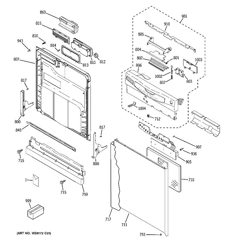 ESCUTCHEON & DOOR ASSEMBLY Diagram and Parts List for GLD5600N10CC  General Electric Dishwasher