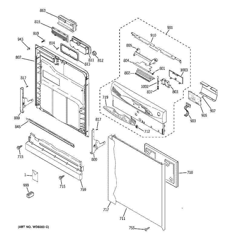 ESCUTCHEON & DOOR ASSEMBLY Diagram and Parts List for GLD6611N10WW  General Electric Dishwasher