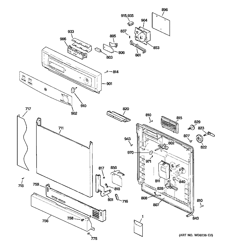 ESCUTCHEON & DOOR ASSEMBLY Diagram and Parts List for GSD2301N00WW  General Electric Dishwasher