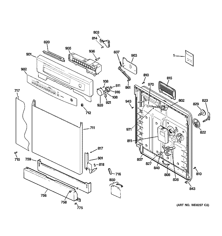 ESCUTCHEON & DOOR ASSEMBLY Diagram and Parts List for GSD4060N00SS  General Electric Dishwasher