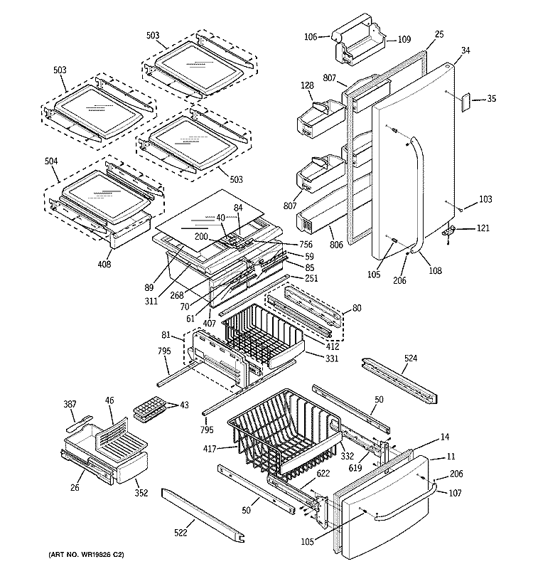 DOORS & SHELVES Diagram and Parts List for GDS20SBSASS  General Electric Refrigerator