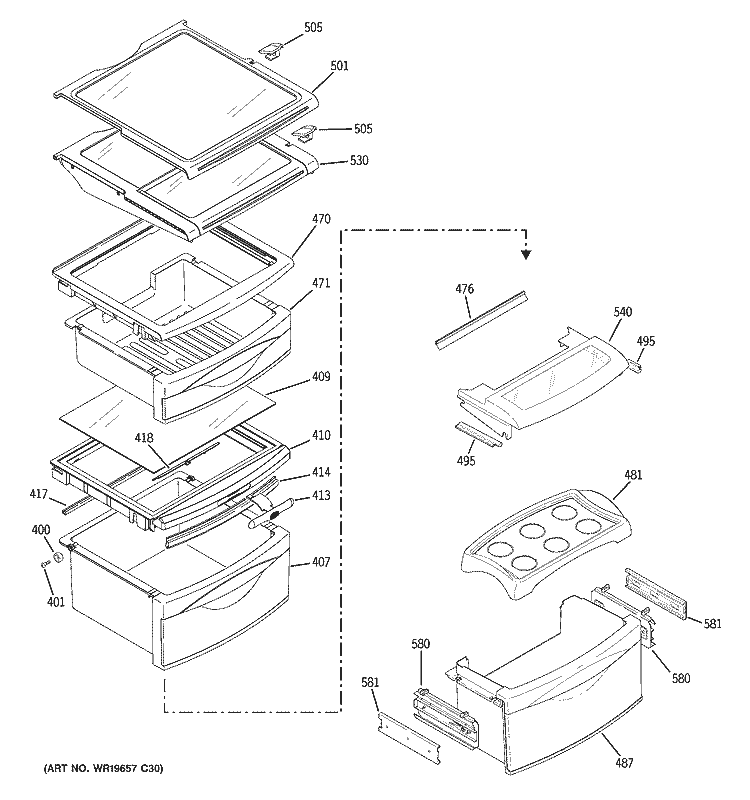 FRESH FOOD SHELVES Diagram and Parts List for PSC25PSTBSS  General Electric Refrigerator