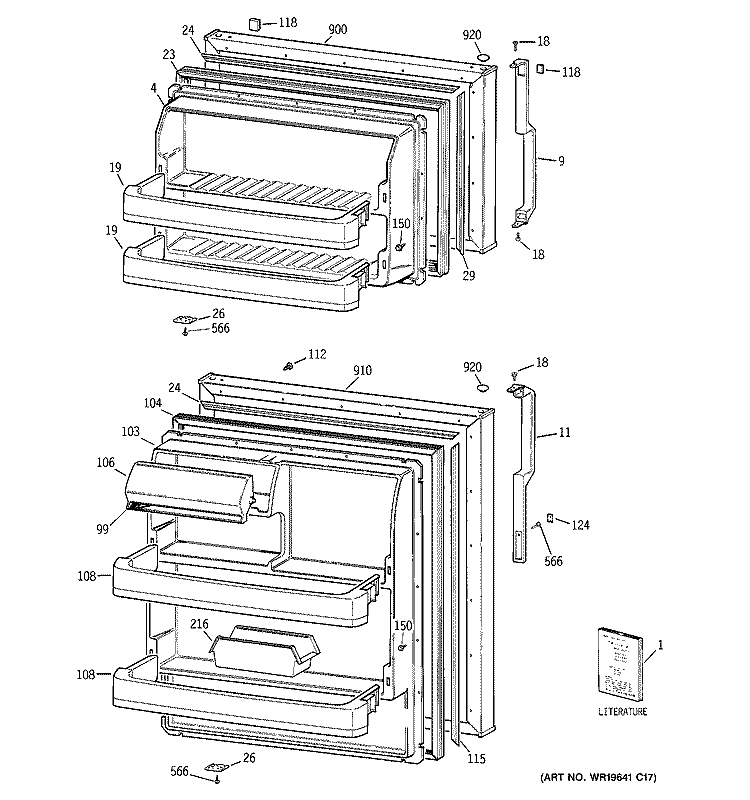 DOORS Diagram and Parts List for GTE16HBWKRWW  General Electric Refrigerator