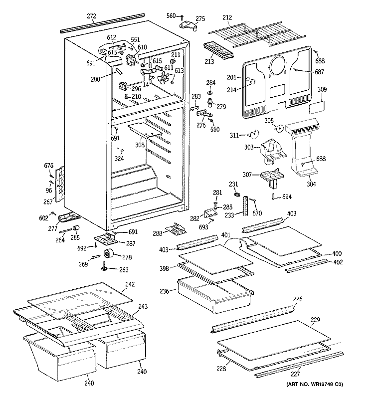 CABINET Diagram and Parts List for GTE16HBWKRWW  General Electric Refrigerator