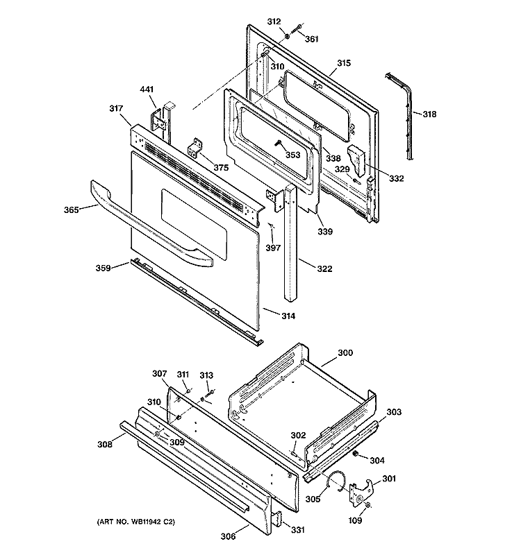 DOOR & DRAWER PARTS Diagram and Parts List for RGB533BEK3BB  Hotpoint Range
