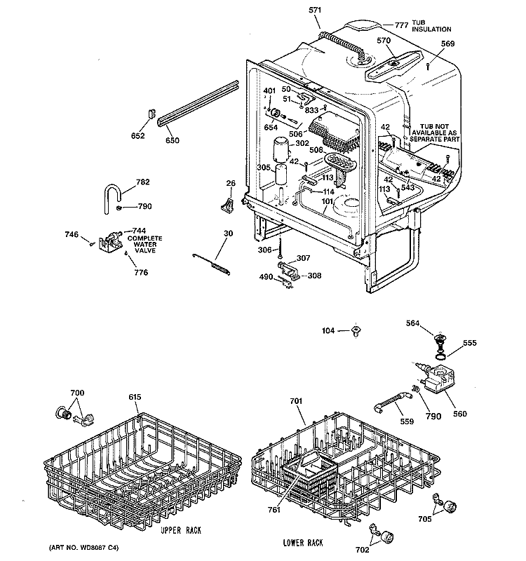 BODY PARTS Diagram and Parts List for GSC3200J01WW  General Electric Dishwasher
