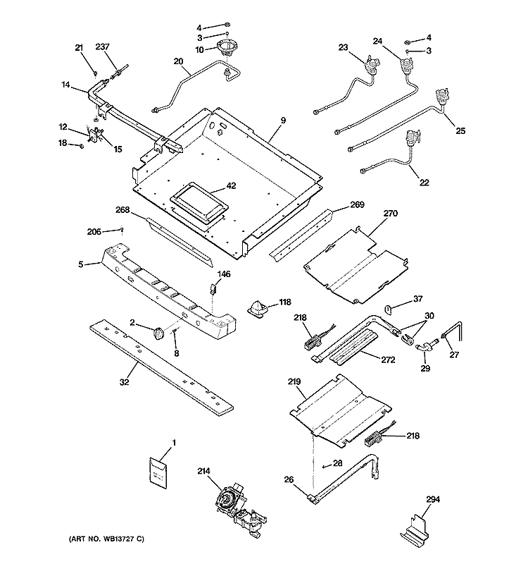 GAS & BURNER PARTS Diagram and Parts List for JGB916SEL2SS  General Electric Range