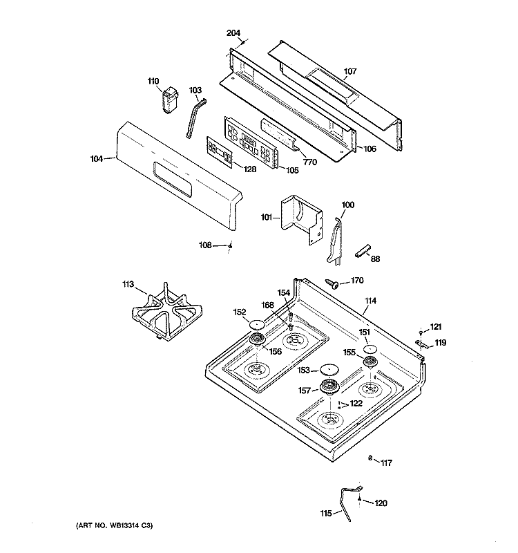 CONTROL PANEL & COOKTOP Diagram and Parts List for JGBP28TEL3WW  General Electric Range