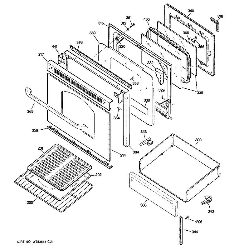 DOOR & DRAWER PARTS Diagram and Parts List for JGBP28TEL3WW  General Electric Range