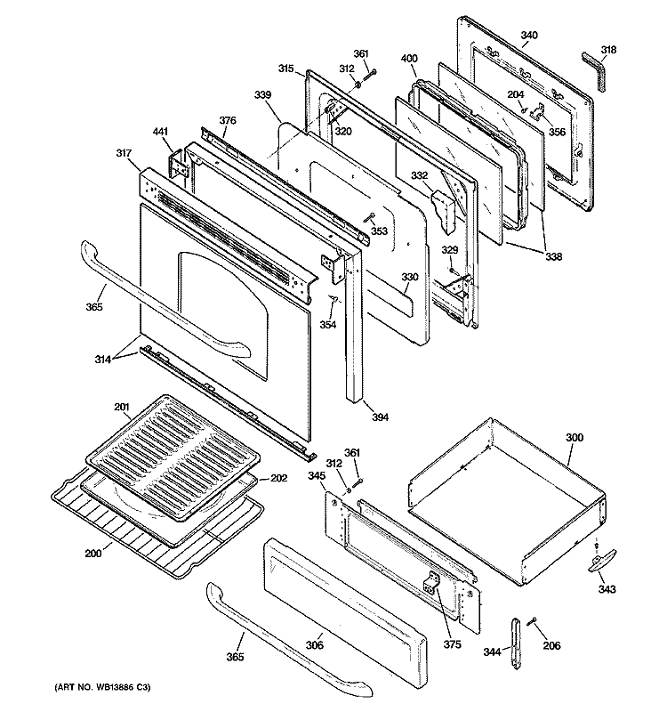DOOR & DRAWER PARTS Diagram and Parts List for JGBP29SEL3SS  General Electric Range