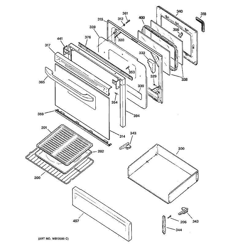 DOOR & DRAWER PARTS Diagram and Parts List for JGBP30WEK5WW  General Electric Range