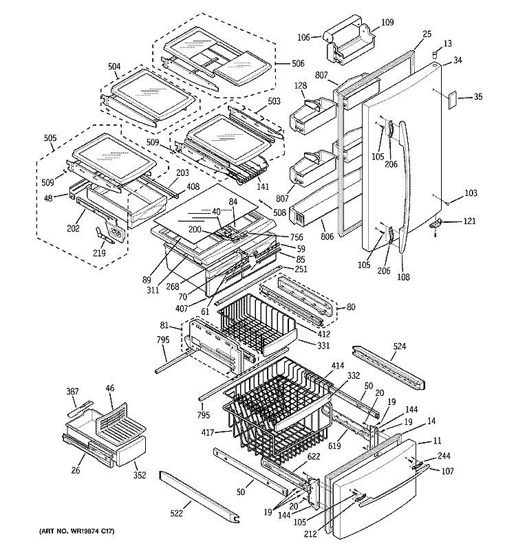 DOORS & SHELVES Diagram and Parts List for PDF22MFSBBB  General Electric Refrigerator