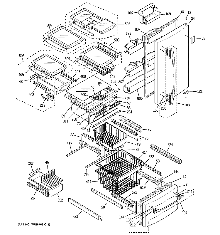 DOORS & SHELVES Diagram and Parts List for PDS22SHRALSS  General Electric Refrigerator