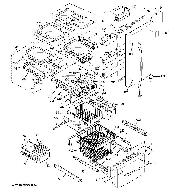 DOORS & SHELVES Diagram and Parts List for PDS22SISARSS  General Electric Refrigerator