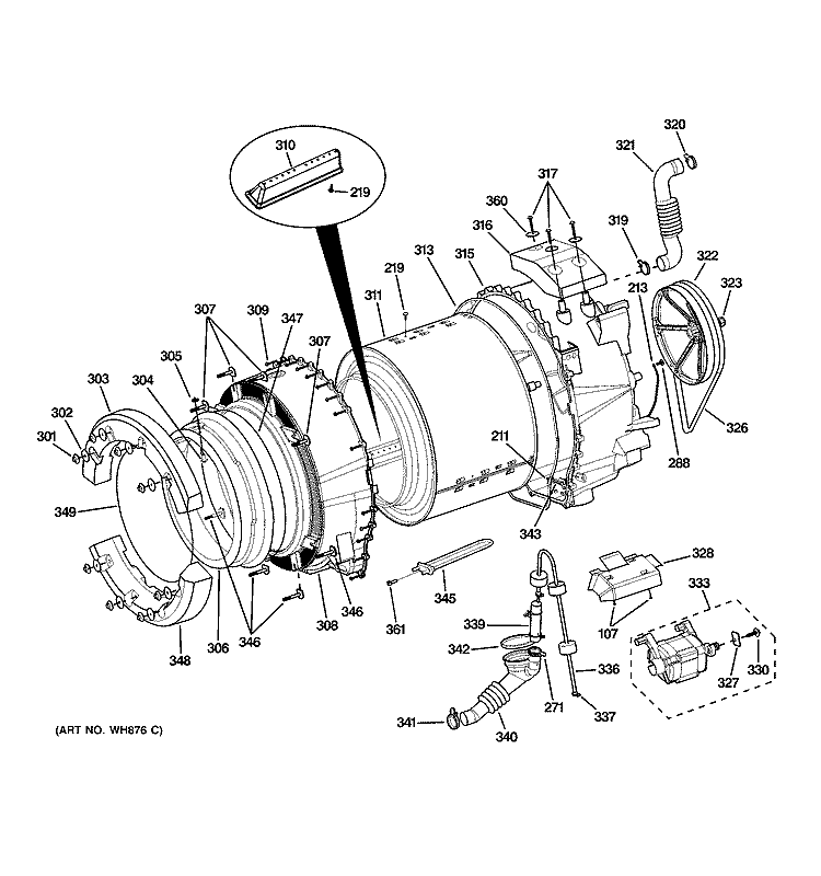 TUB & MOTOR Diagram and Parts List for WHDVH660H0GG  General Electric Washer