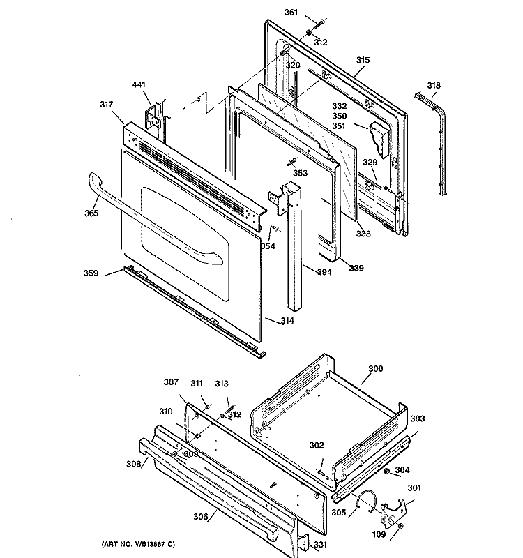 DOOR & DRAWER PARTS Diagram and Parts List for JGBS23CEL2CC  General Electric Range