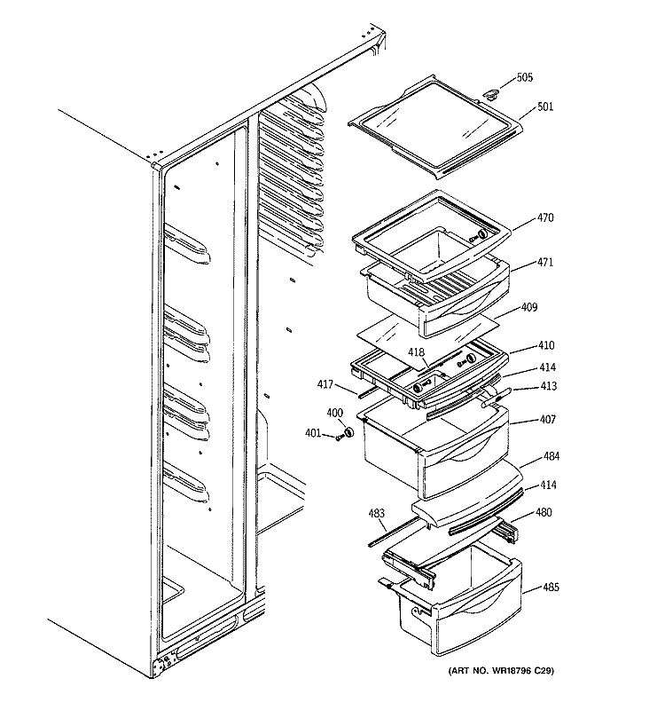 FRESH FOOD SHELVES Diagram and Parts List for DSD26DHWCBG  General Electric Refrigerator
