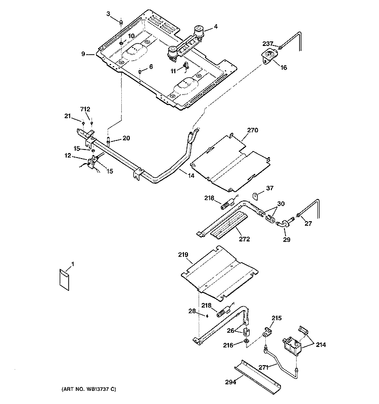 GAS & BURNER PARTS Diagram and Parts List for JGBP26DEM1WW  General Electric Range