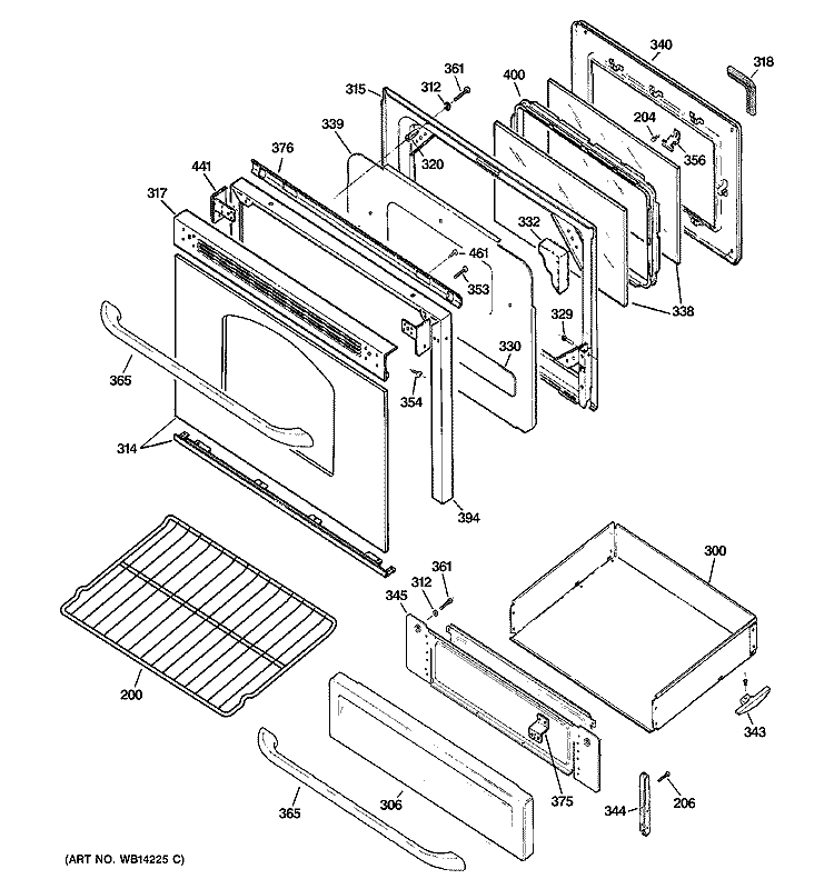 DOOR & DRAWER PARTS Diagram and Parts List for JGBP29MEM1BS  General Electric Range