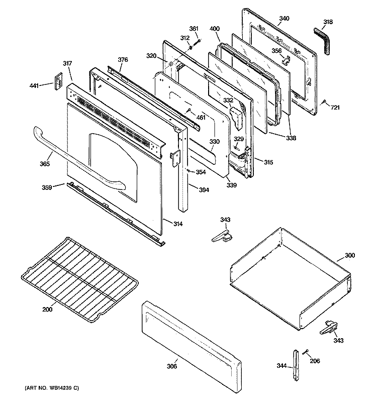 DOOR & DRAWER PARTS Diagram and Parts List for JGBP32DEM1BB  General Electric Range