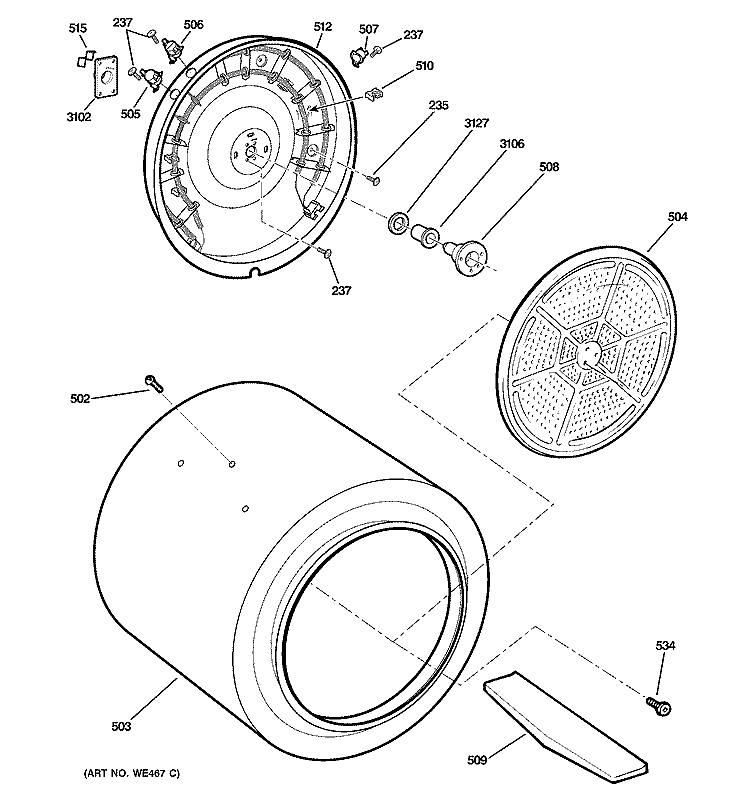 DRUM Diagram and Parts List for DCVH660EH0BB  General Electric Dryer
