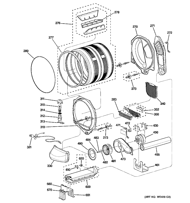 DRUM, MOTOR & BLOWER Diagram and Parts List for DPGT750EC0PL  General Electric Dryer