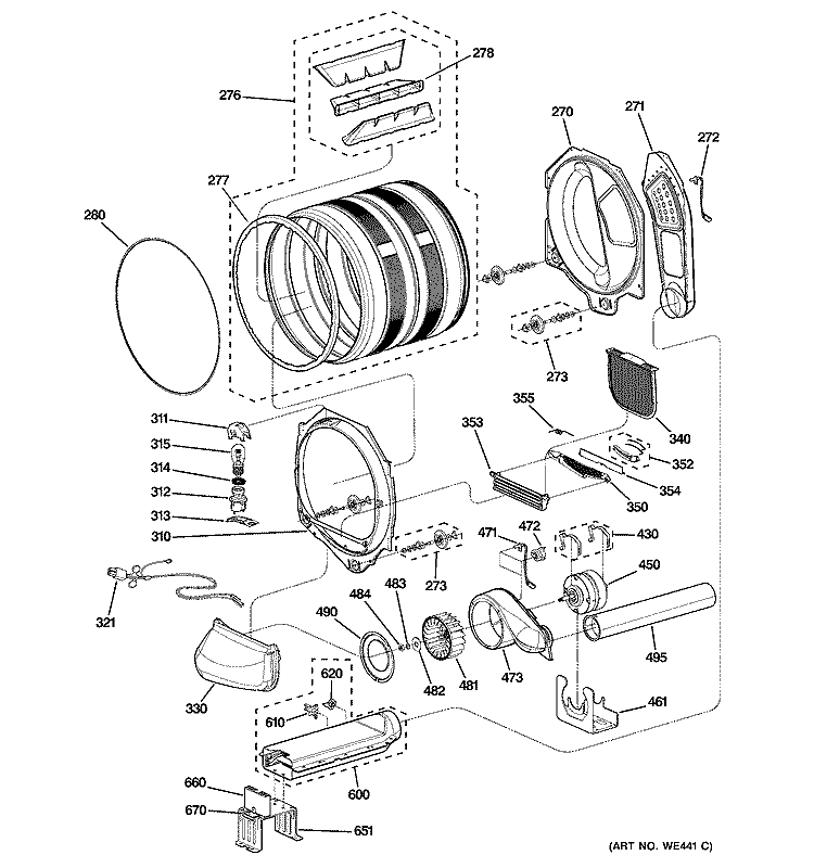 DRUM, MOTOR & BLOWER Diagram and Parts List for DPGT750EC1PL  General Electric Dryer