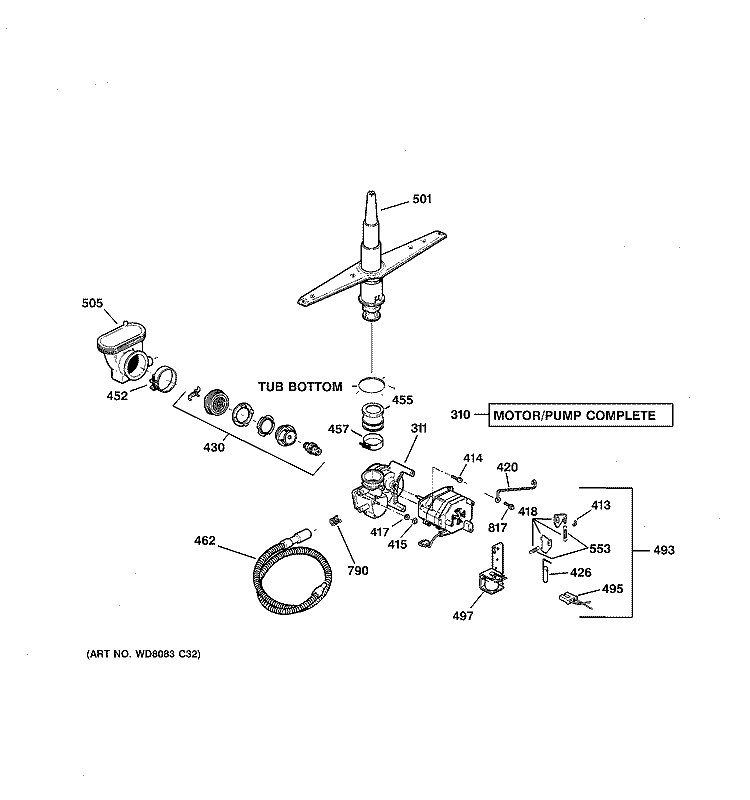MOTOR - PUMP MECHANISM Diagram and Parts List for GSD2001J04WW  General Electric Dishwasher