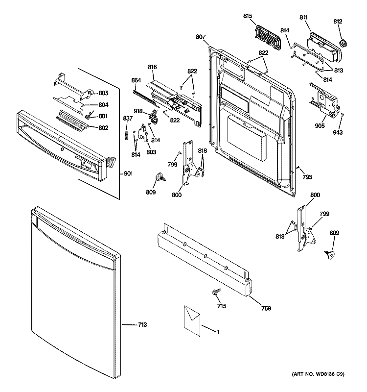 ESCUTCHEON & DOOR ASSEMBLY Diagram and Parts List for PDW8280N00SS  General Electric Dishwasher