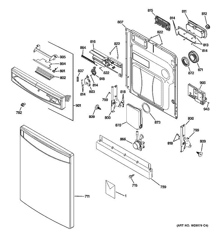 ESCUTCHEON & DOOR ASSEMBLY Diagram and Parts List for PDW8600N00CC  General Electric Dishwasher