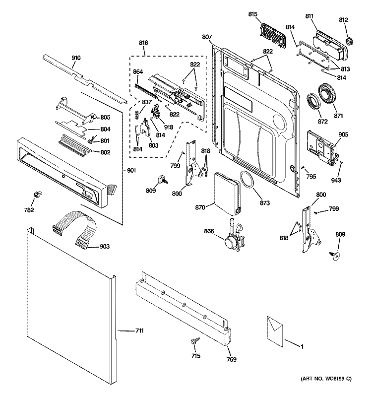 ESCUTCHEON & DOOR ASSEMBLY Diagram and Parts List for PDW8700N00WW  General Electric Dishwasher