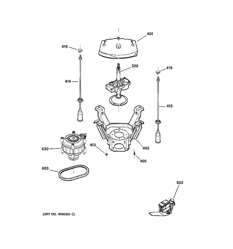 SUSPENSION, PUMP & DRIVE COMPONENTS Diagram and Parts List for WCSR2080B3CC  General Electric Washer