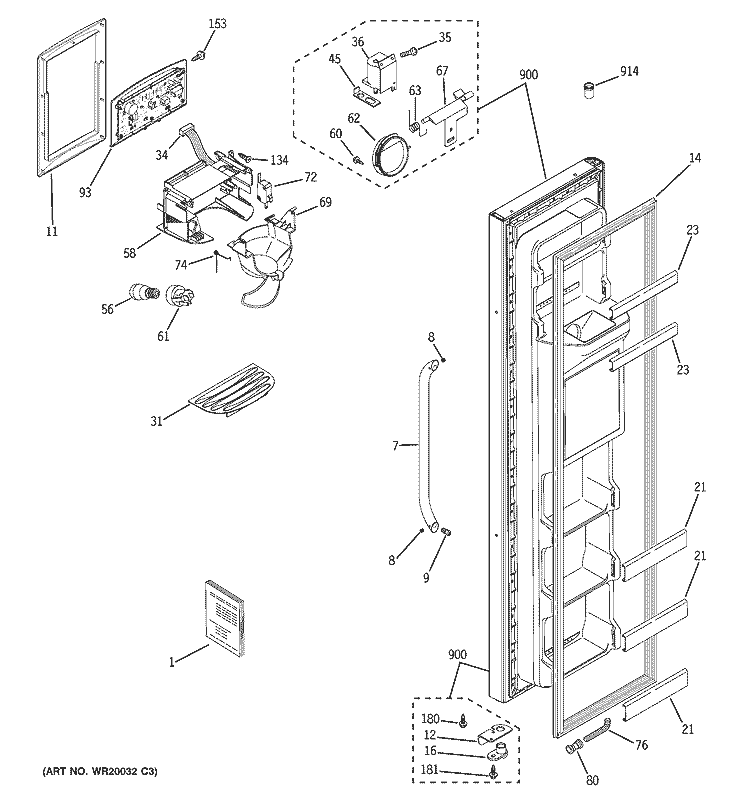FREEZER DOOR Diagram and Parts List for GSH25JSTBSS  General Electric Refrigerator
